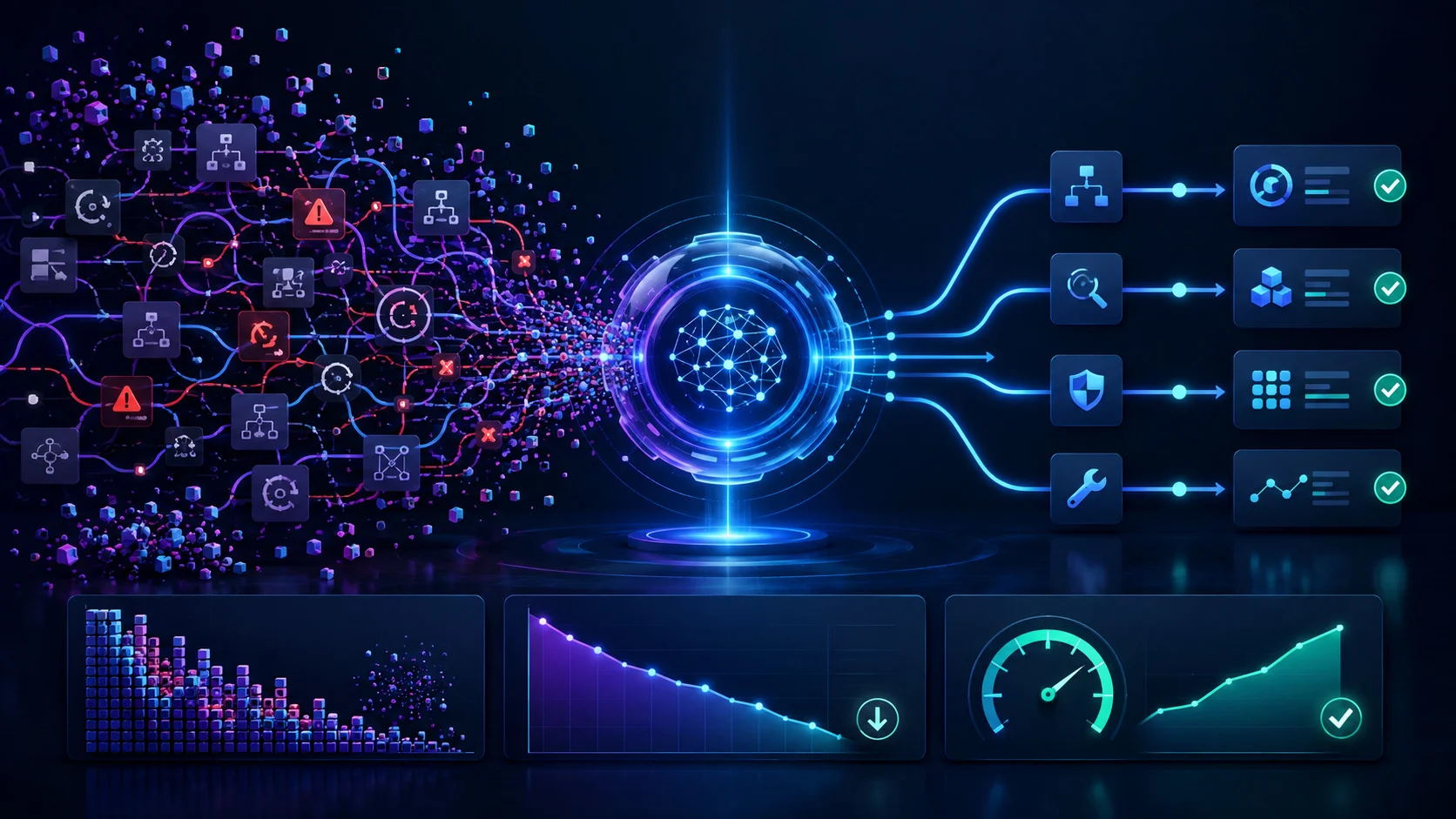 Abstract AI agent workflow showing chaotic tool calls being optimized into cleaner routing paths, reduced token usage, and successful agent outputs.